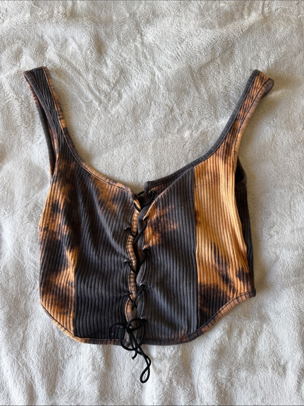 SHEIN Tie-Dye Ribbed Lace-Up Crop Top - Brown/Black